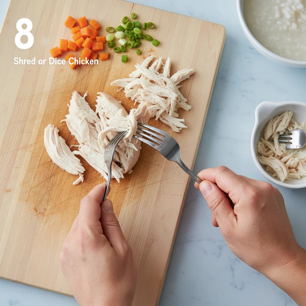 Step 8: **Step 8: Shred or Dice Chicken:** Place the chicken on a clean cutting board. Using two forks, shre for Chicken Congee: Cozy Rice Porridge for Little Tummies