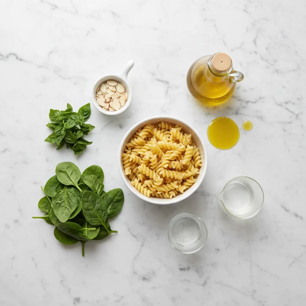 All ingredients needed for Baby's First Pesto Pasta (Spinach & Basil) arranged on a clean surface