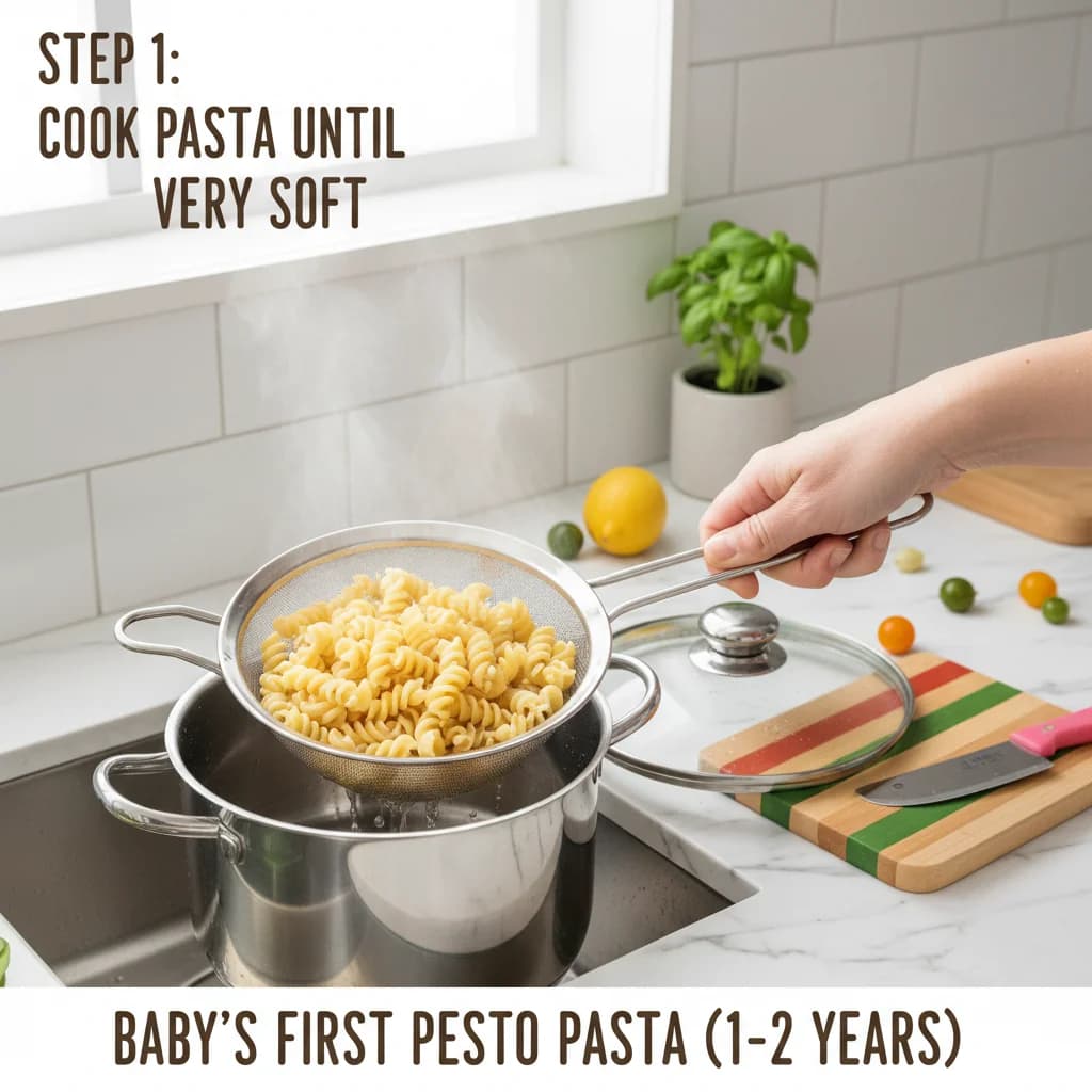 Step 1: Cook pasta according to package directions until very soft. Drain and set aside to cool slightly. If for Baby's First Pesto Pasta (Spinach & Basil)