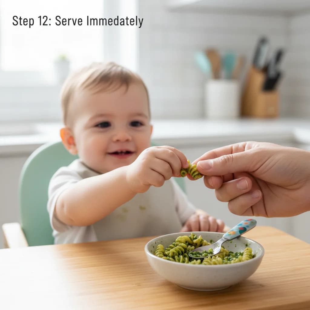 Step 12: Serve immediately. Offer small pieces of pesto pasta to baby, either for hand-feeding or with a spoo for Baby's First Pesto Pasta (Spinach & Basil)