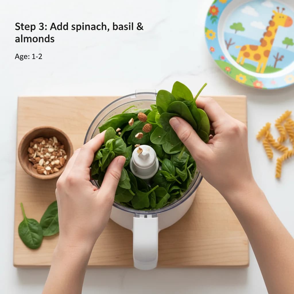Step 3: Place spinach, basil, and almonds (or pine nuts) into a small food processor. for Baby's First Pesto Pasta (Spinach & Basil)