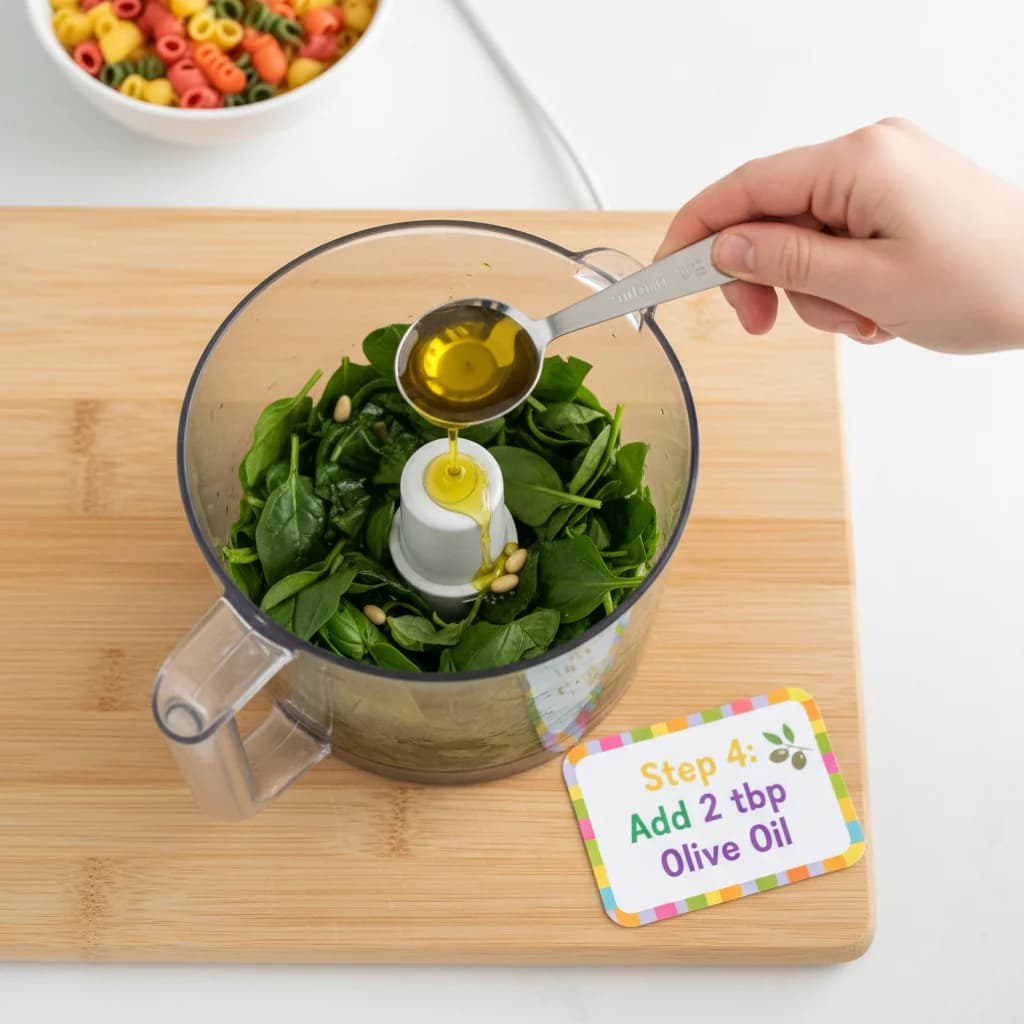 Step 4: Add 2 tablespoons of olive oil to the food processor. for Baby's First Pesto Pasta (Spinach & Basil)