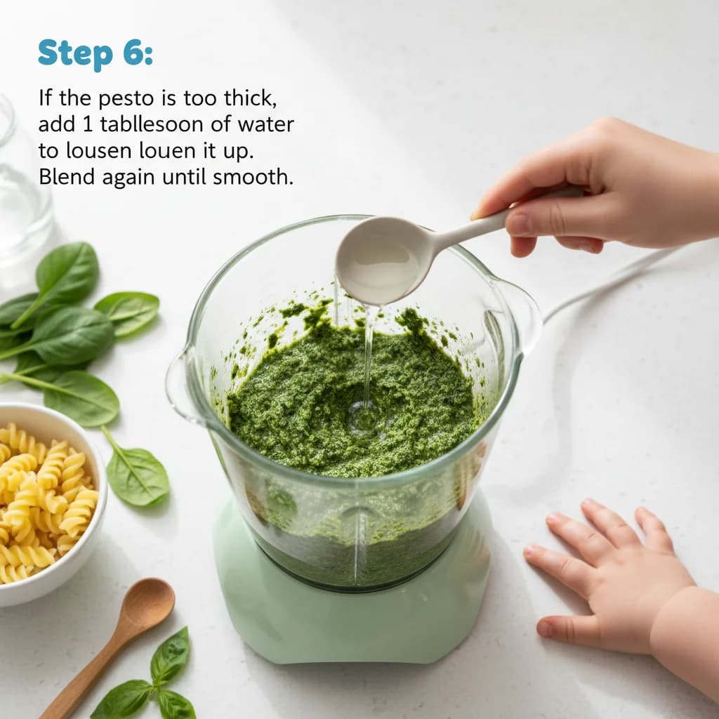 Step 6: If the pesto is too thick, add 1 tablespoon of water to loosen it up. Blend again until smooth. for Baby's First Pesto Pasta (Spinach & Basil)