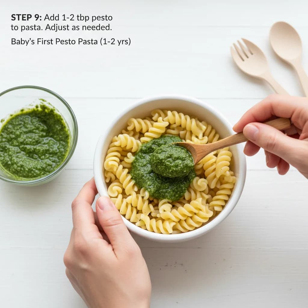 Step 9: Add 1-2 tablespoons of the prepared pesto to the pasta. Start with a smaller amount and add more as for Baby's First Pesto Pasta (Spinach & Basil)