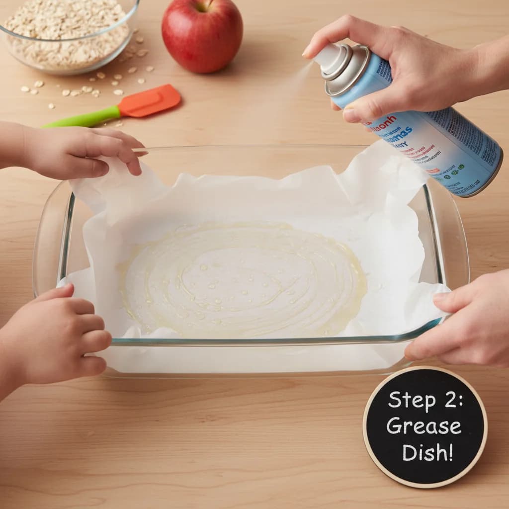 Step 2: Grease an 8x8 inch baking dish (or smaller) with cooking spray, or line with parchment paper. This p for Apple Oatmeal Finger Snacks