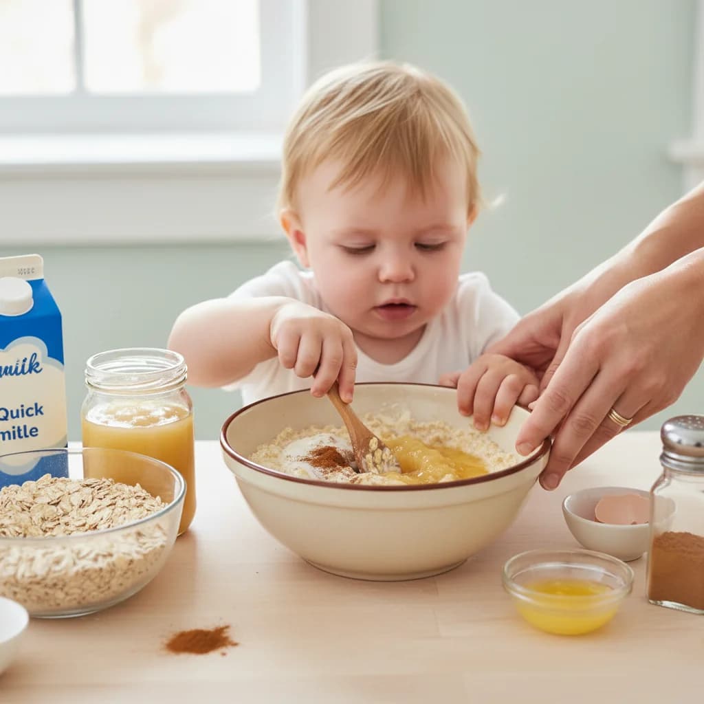 Step 3: In a medium bowl, combine the quick oats, milk, applesauce (or grated apple), egg, cinnamon, and mel for Apple Oatmeal Finger Snacks