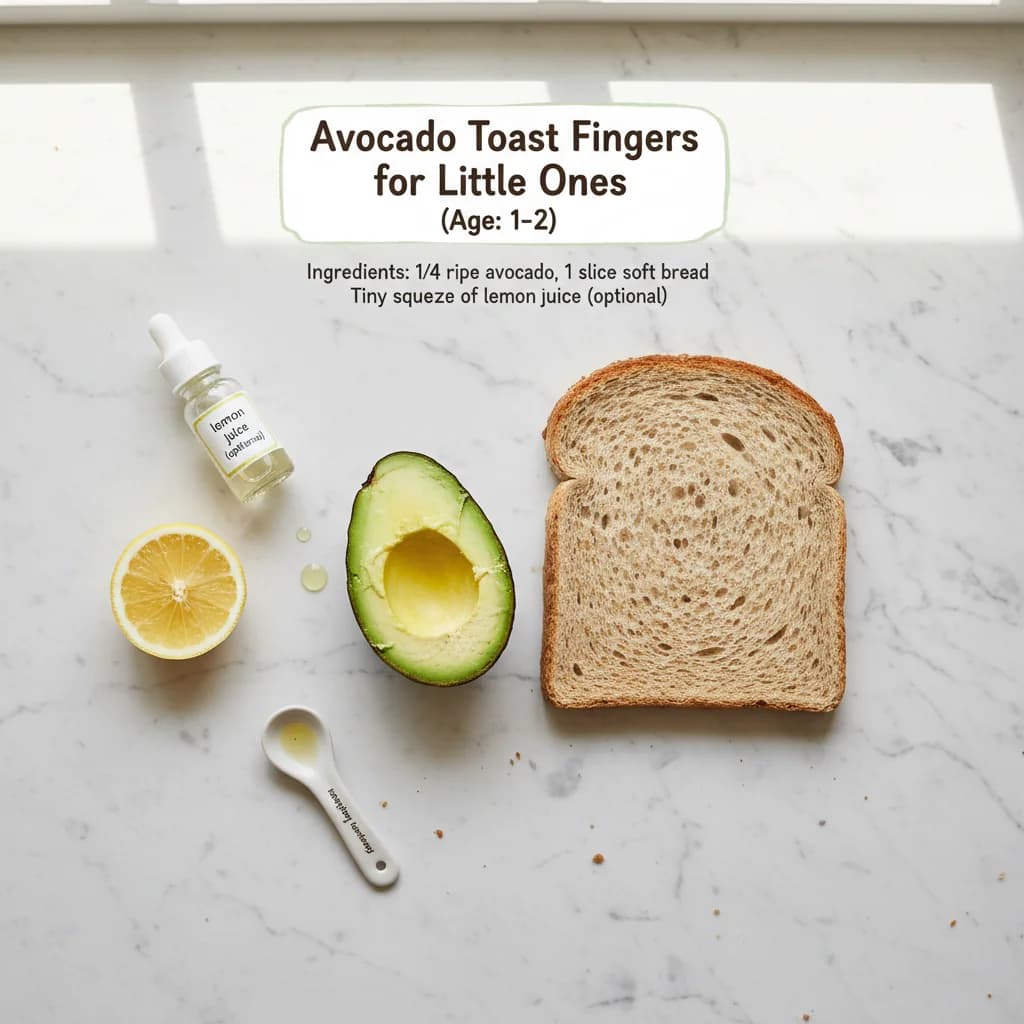 All ingredients needed for Avocado Toast Fingers for Little Ones arranged on a clean surface
