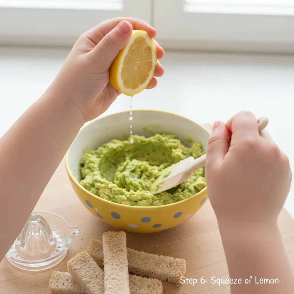 Step 6: If using lemon juice, add a tiny squeeze (just a few drops) to the mashed avocado and mix well. This for Avocado Toast Fingers for Little Ones