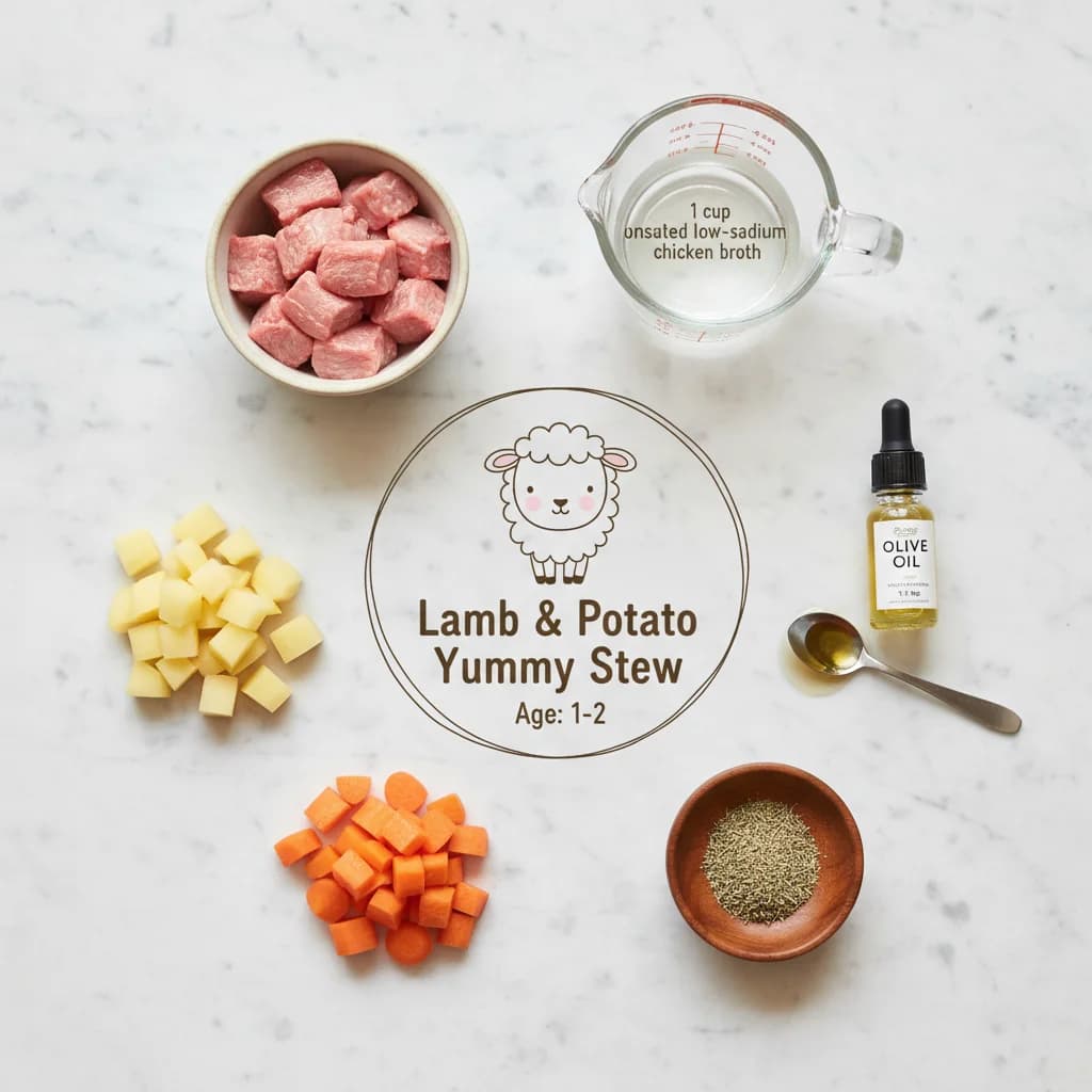 All ingredients needed for Lamb & Potato Yummy Stew arranged on a clean surface
