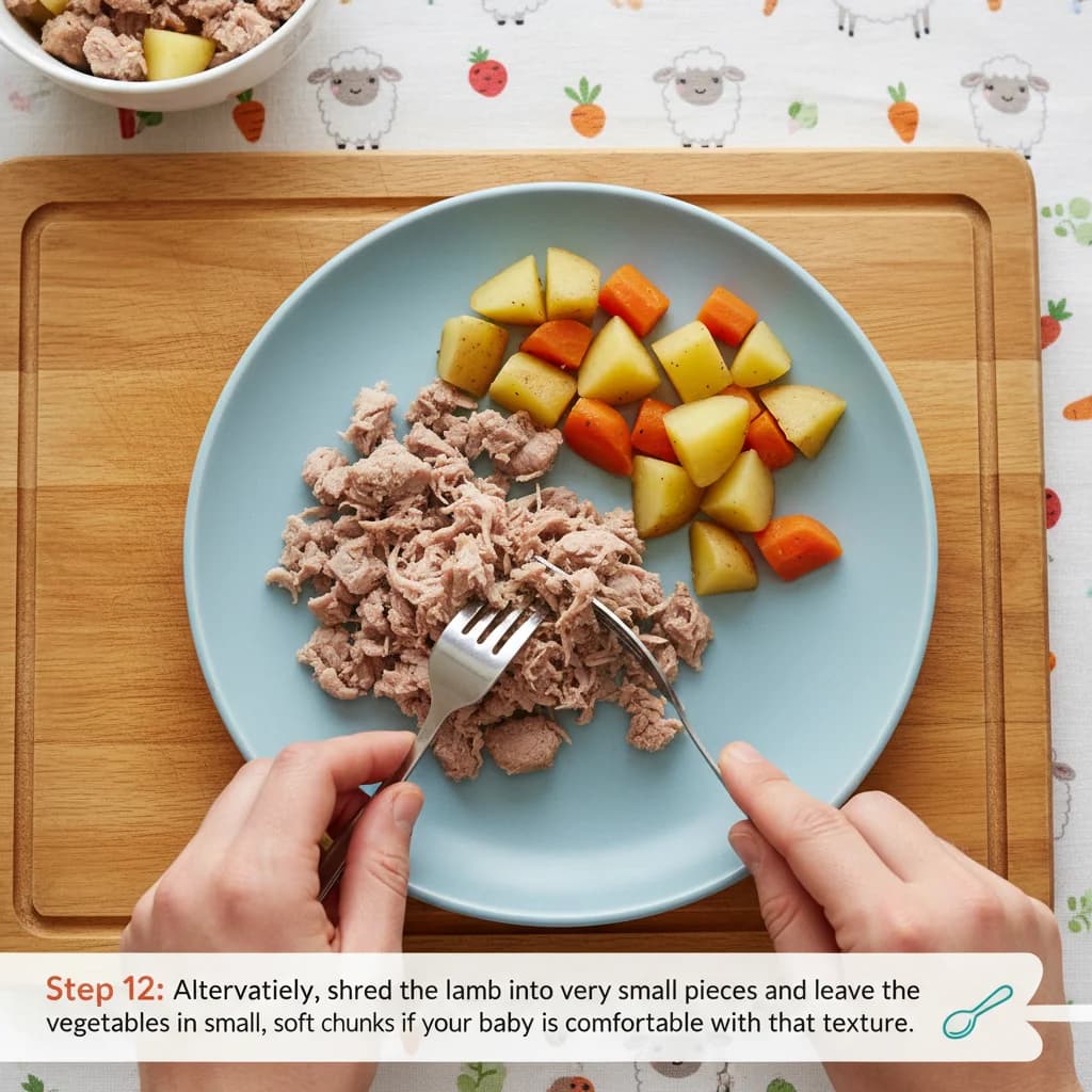 Step 12: Alternatively, shred the lamb into very small pieces and leave the vegetables in small, soft chunks for Lamb & Potato Yummy Stew