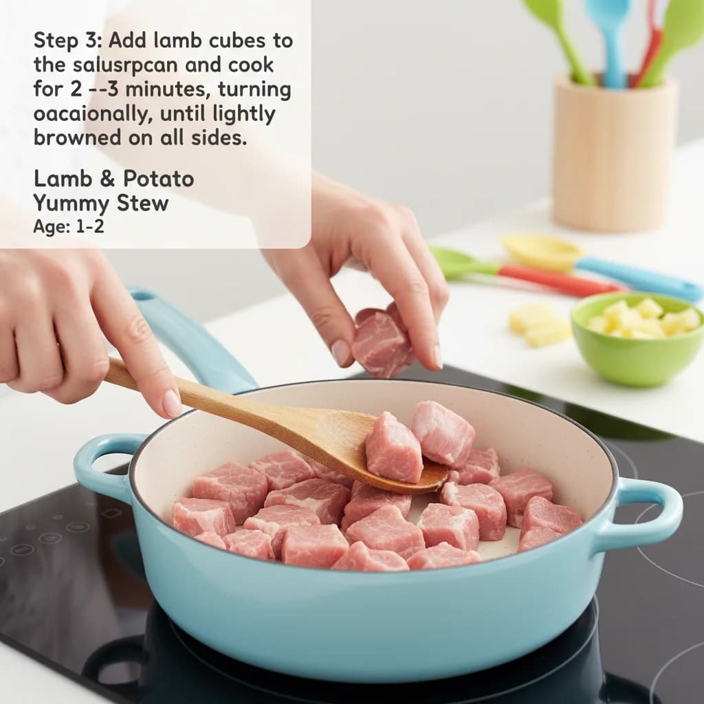 Step 3: Add lamb cubes to the saucepan and cook for 2-3 minutes, turning occasionally, until lightly browned for Lamb & Potato Yummy Stew