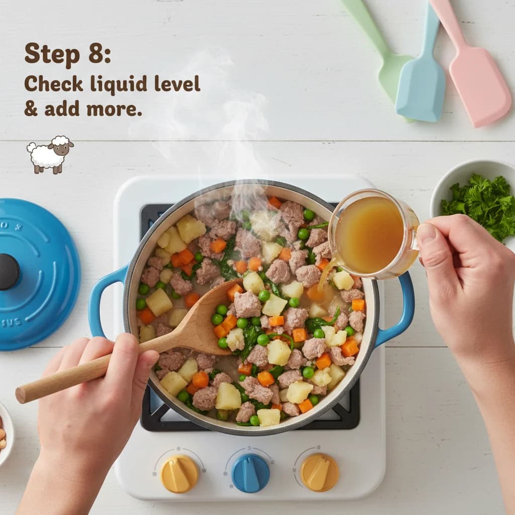 Step 8: Check the liquid level occasionally during cooking. If it gets too low, add a little more water or b for Lamb & Potato Yummy Stew