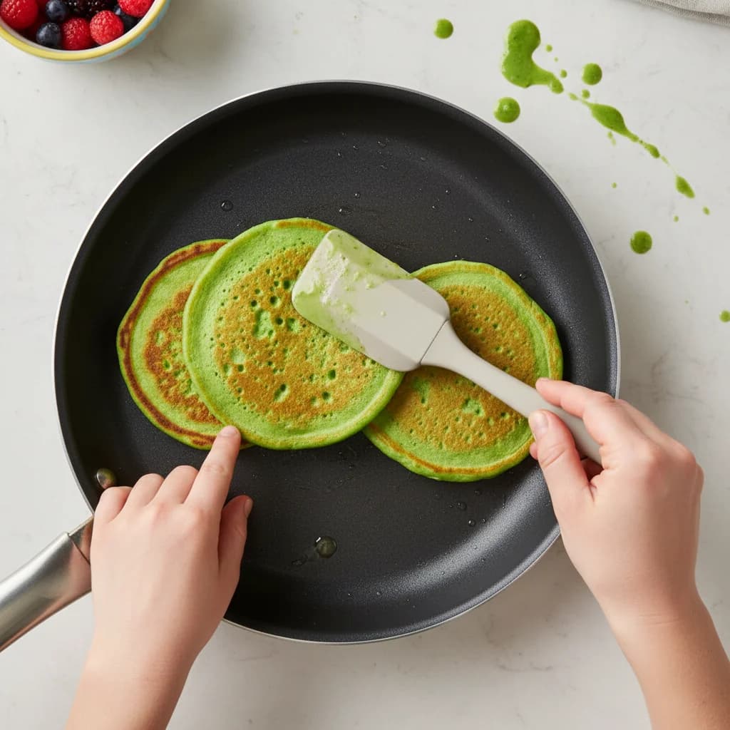 Step 13: Flip the pancakes carefully and cook for another 1-2 minutes, or until they are cooked through and l for Green Monster Pancakes