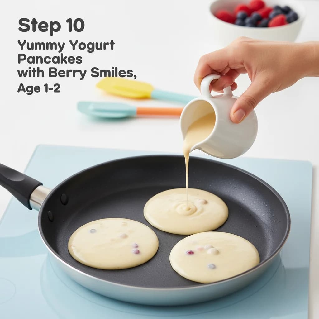 Step 10: Once the pan is hot, pour the batter to form small pancakes, about 3 inches in size. for Yummy Yogurt Pancakes with Berry Smiles
