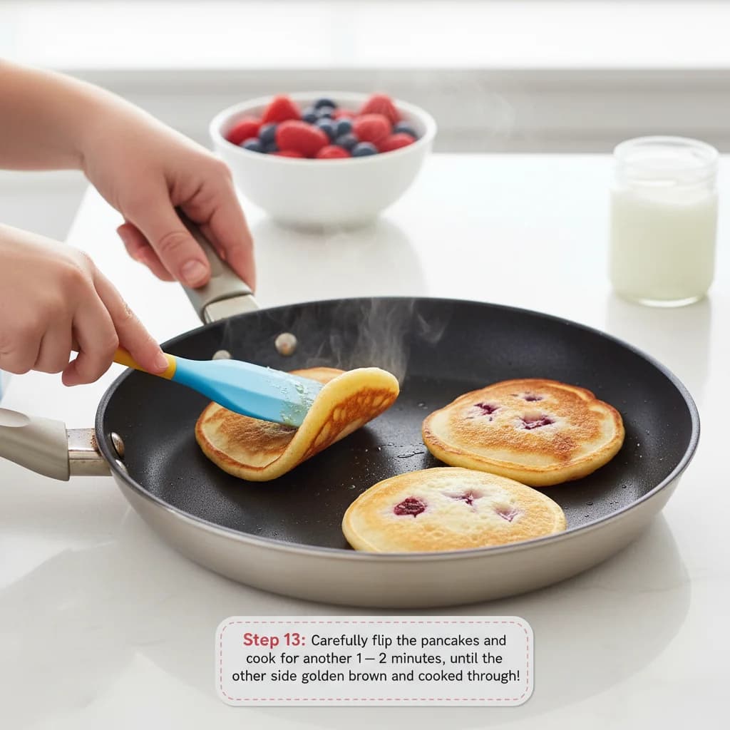 Step 13: Carefully flip the pancakes and cook for another 1–2 minutes, until the other side is golden brown a for Yummy Yogurt Pancakes with Berry Smiles