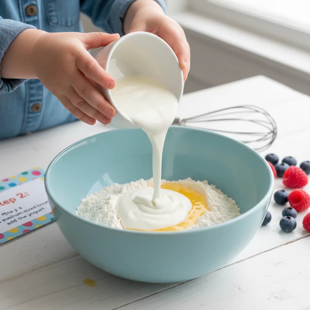 Step 2: In a medium-sized bowl, add the yogurt. for Yummy Yogurt Pancakes with Berry Smiles