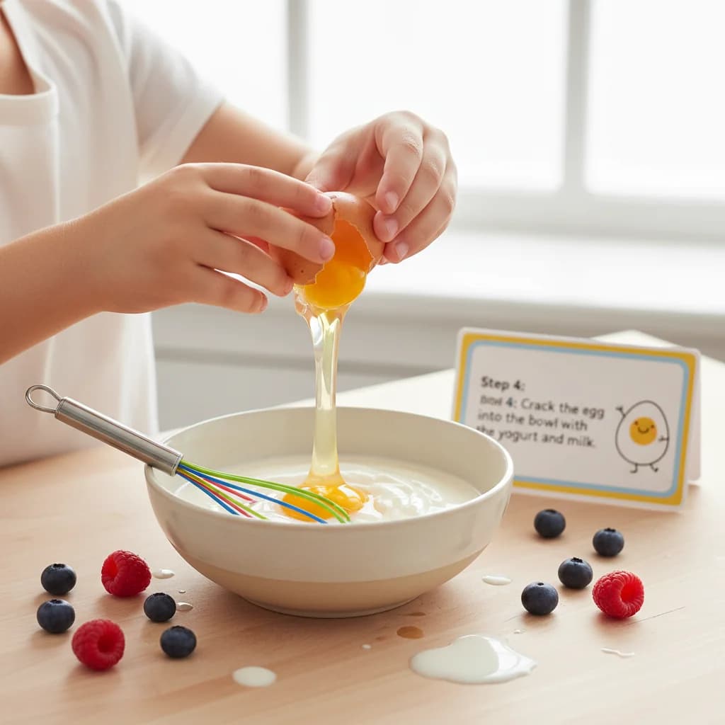 Step 4: Crack the egg into the bowl with the yogurt and milk. for Yummy Yogurt Pancakes with Berry Smiles