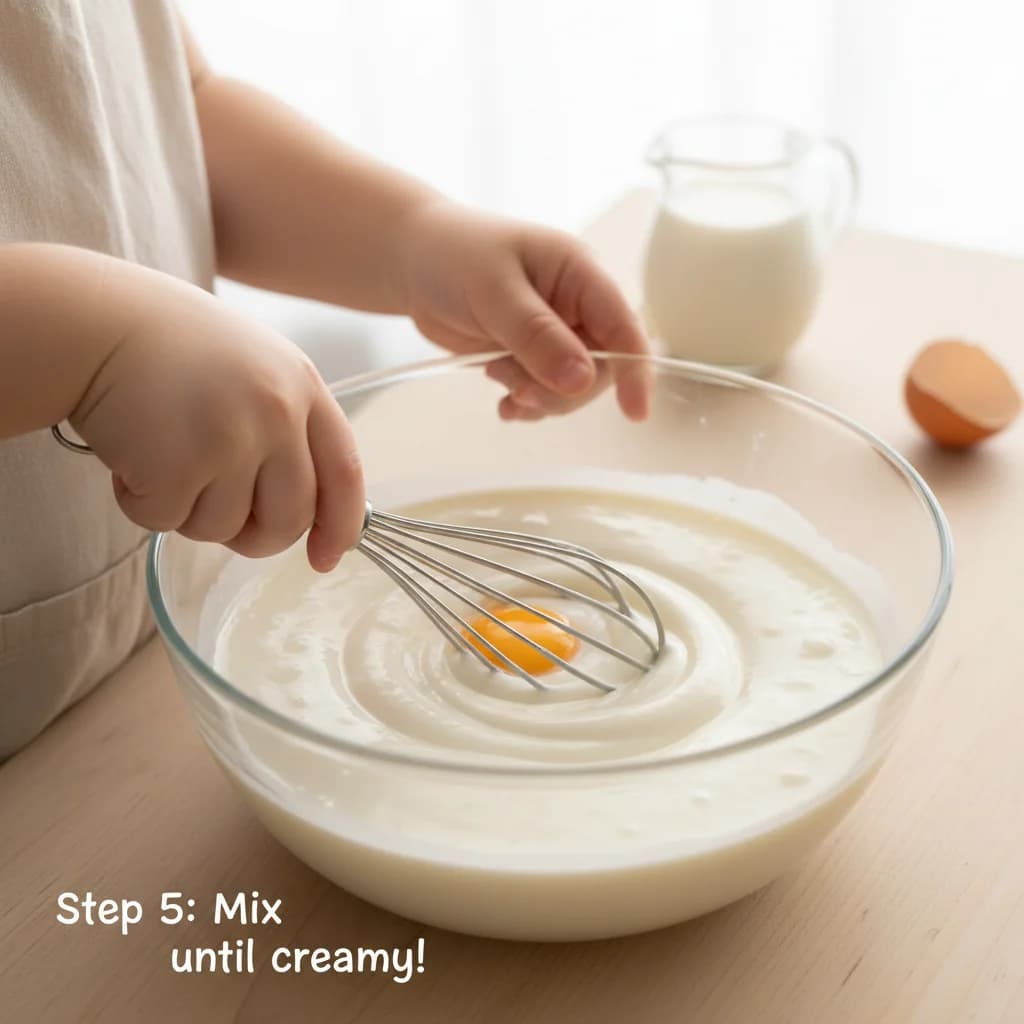 Step 5: Using a whisk, mix the yogurt, milk, and egg together until smooth. The mixture should be creamy. for Yummy Yogurt Pancakes with Berry Smiles