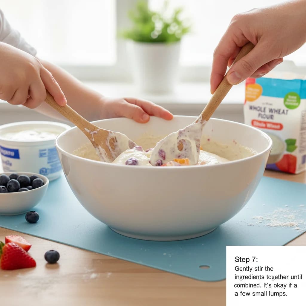 Step 7: Gently stir the ingredients together until just combined. It's okay if there are a few small lumps. for Yummy Yogurt Pancakes with Berry Smiles