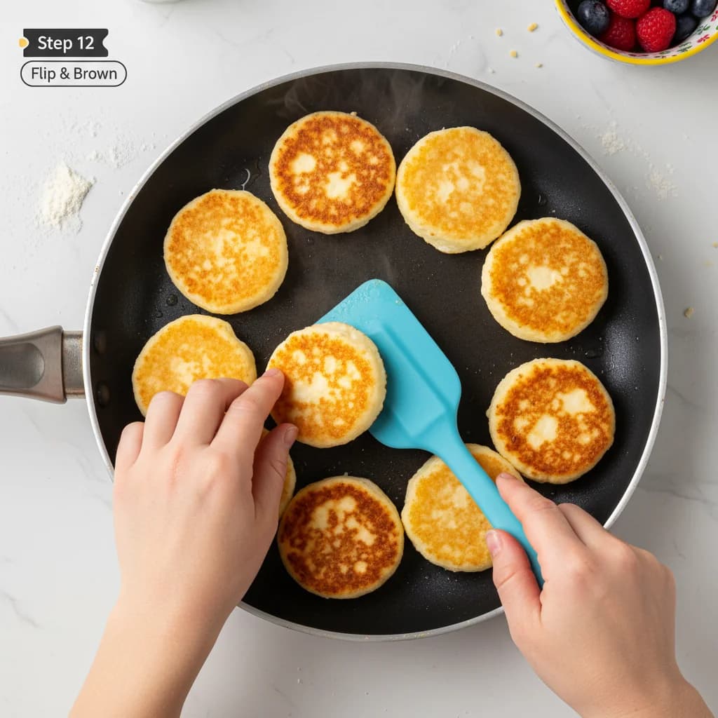 Step 12: Carefully flip the pancake bites with a spatula and cook for another 1-2 minutes, or until cooked th for Cheesy Cottage Cheese Pancake Bites
