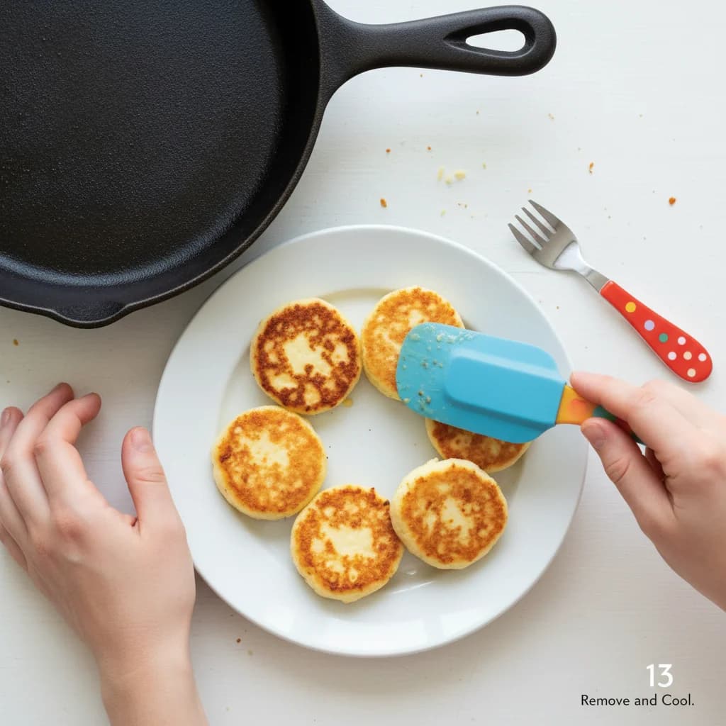 Step 13: Remove the cooked pancake bites from the skillet and place them on a plate to cool slightly before s for Cheesy Cottage Cheese Pancake Bites