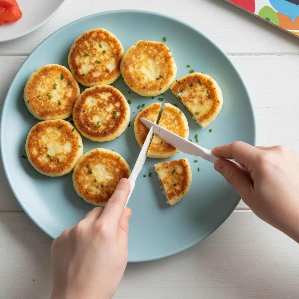 Step 14: Cut the pancakes into smaller pieces if needed, depending on your child's chewing ability. for Cheesy Cottage Cheese Pancake Bites