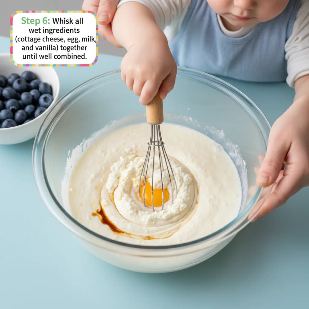 Step 6: Whisk all wet ingredients (cottage cheese, egg, milk, and vanilla) together until well combined. for Cheesy Cottage Cheese Pancake Bites