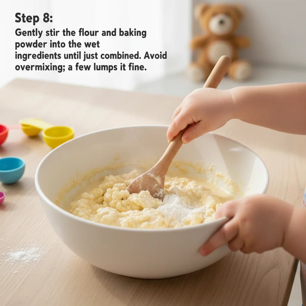 Step 8: Gently stir the flour and baking powder into the wet ingredients until just combined. Avoid overmixi for Cheesy Cottage Cheese Pancake Bites