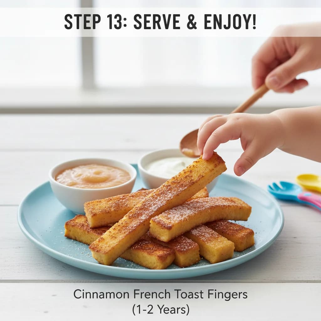 Step 13: Serve the Cinnamon French Toast Fingers as finger food. Offer them with a side of unsweetened apples for Cinnamon French Toast Fingers