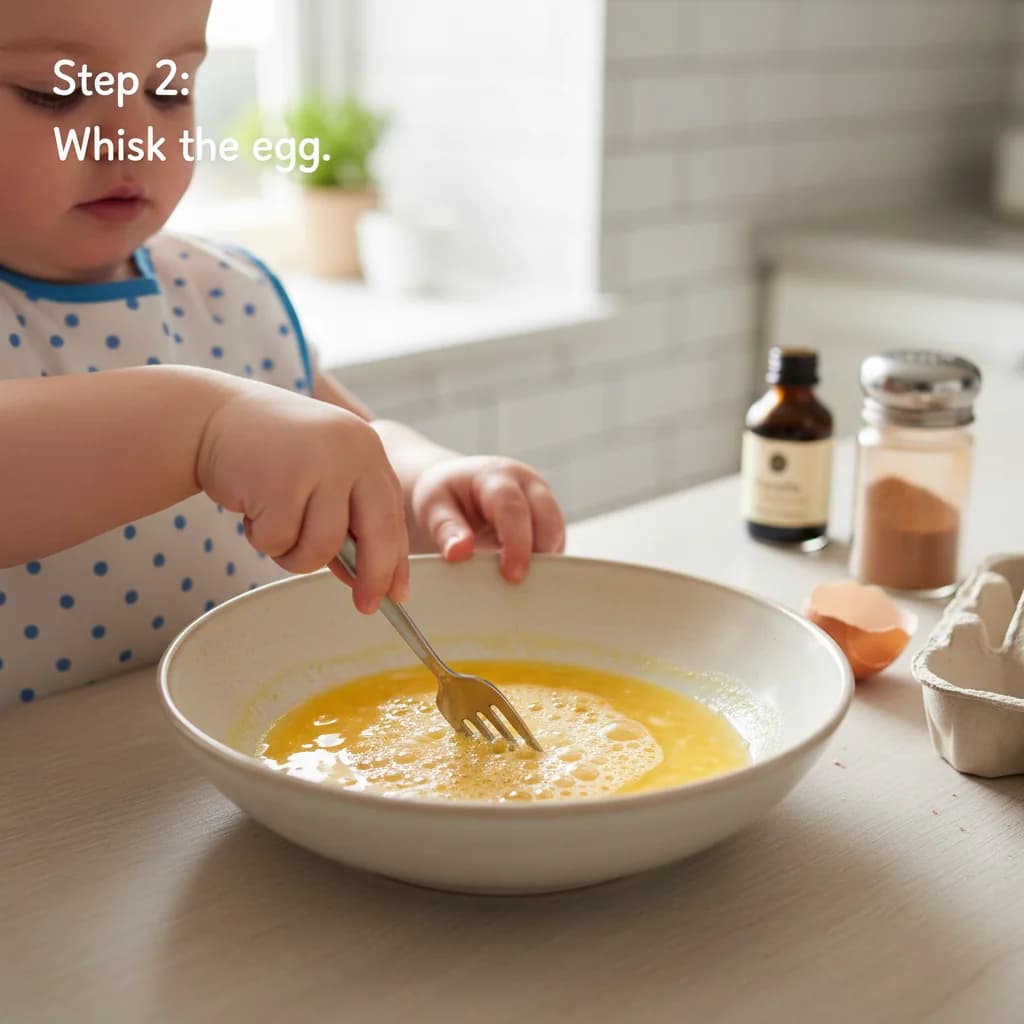 Step 2: In a shallow bowl, crack the egg and whisk it well with a fork until light and frothy. for Cinnamon French Toast Fingers