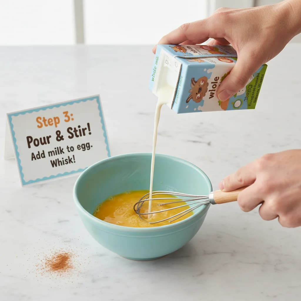 Step 3: Pour the milk into the bowl with the egg. Breast milk, formula, or whole cow's milk can be used. Sti for Cinnamon French Toast Fingers