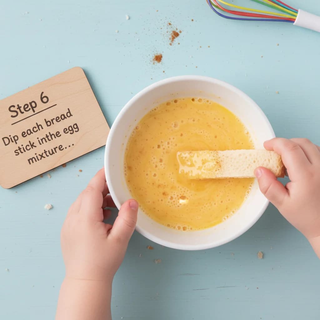 Step 6: Dip each bread stick into the egg mixture, ensuring both sides are fully coated. Let the bread soak for Cinnamon French Toast Fingers