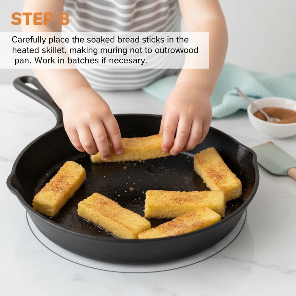 Step 8: Carefully place the soaked bread sticks in the heated skillet, making sure not to overcrowd the pan. for Cinnamon French Toast Fingers