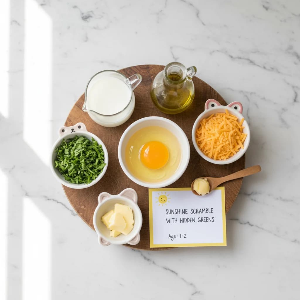 All ingredients needed for Sunshine Scramble with Hidden Greens arranged on a clean surface