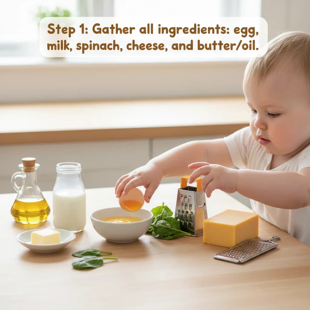 Step 1: Gather all ingredients: egg, milk, spinach, cheese, and butter/oil. for Sunshine Scramble with Hidden Greens
