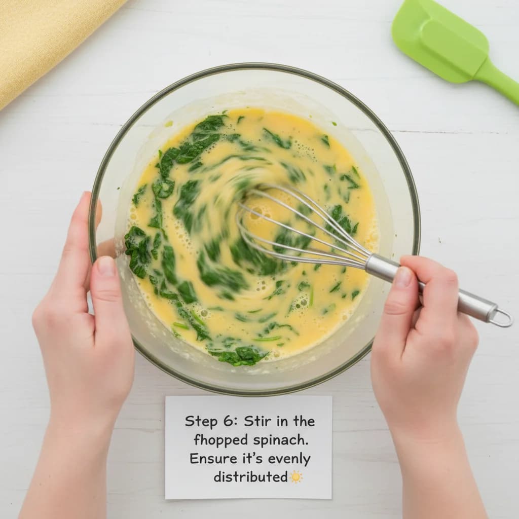 Step 6: Stir in the finely chopped spinach into the egg mixture. Ensure it's evenly distributed. for Sunshine Scramble with Hidden Greens