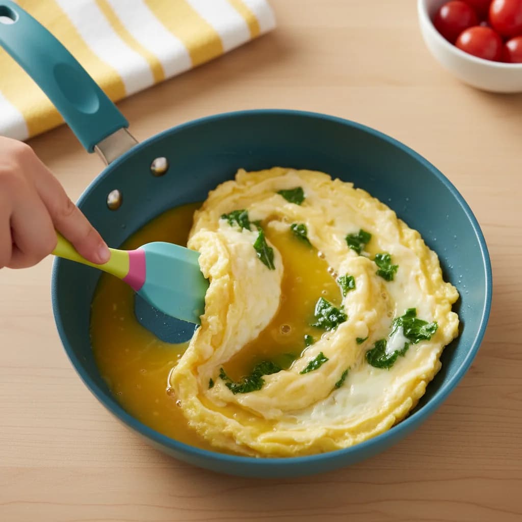 Step 9: As the egg begins to set around the edges (after about 30 seconds), gently push the cooked egg towar for Sunshine Scramble with Hidden Greens