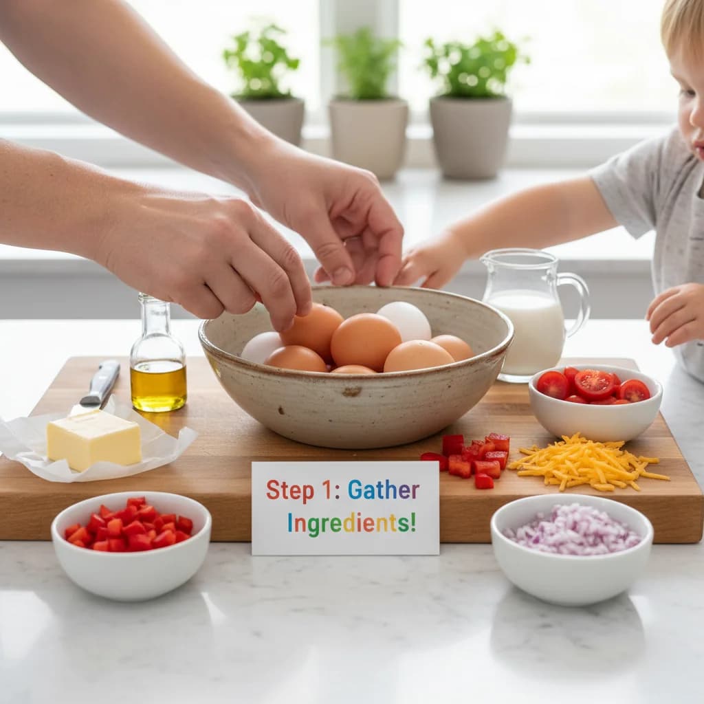 Step 1: Gather all ingredients: egg, milk, red bell pepper, tomato, onion (if using), cheese (if using), oli for Rainbow Veggie Omelet Bites