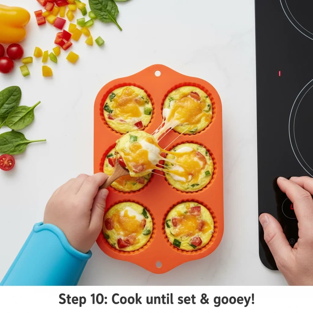 Step 10: Continue cooking the omelet for another minute, or until the egg is fully cooked through and the che for Rainbow Veggie Omelet Bites