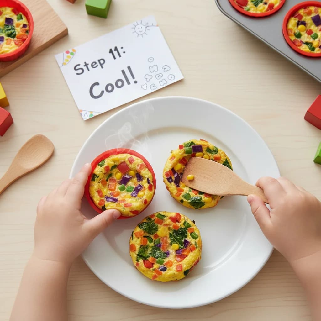 Step 11: Slide the cooked omelet onto a plate and allow it to cool slightly. This is important to prevent bur for Rainbow Veggie Omelet Bites