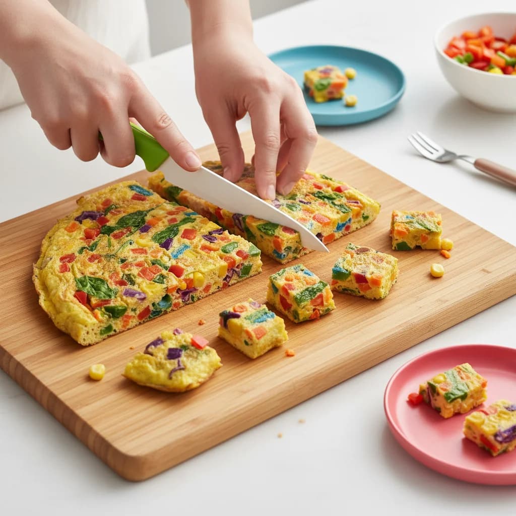 Step 12: Once cooled, cut the omelet into small strips or bite-sized pieces that are easy for your toddler to for Rainbow Veggie Omelet Bites