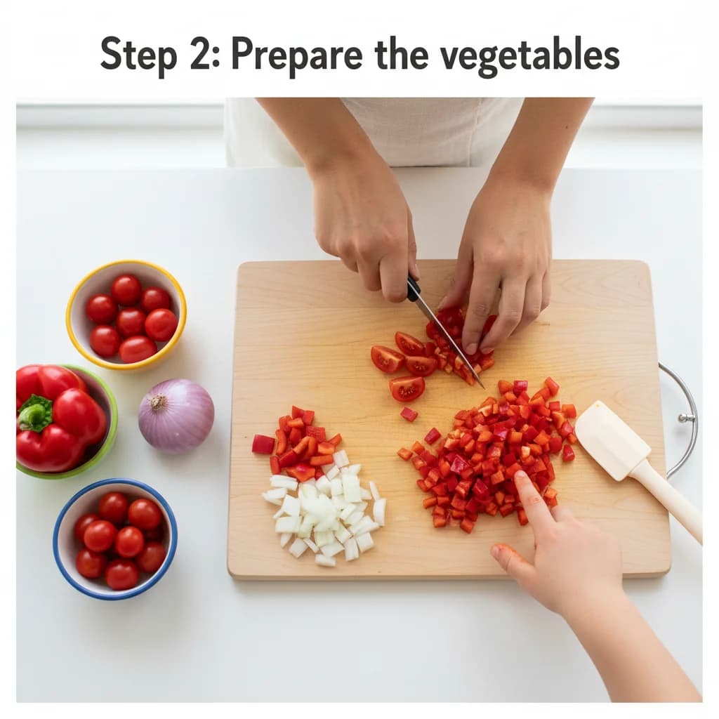 Step 2: Prepare the vegetables: Wash and finely dice the red bell pepper, tomato (remove seeds), and onion ( for Rainbow Veggie Omelet Bites