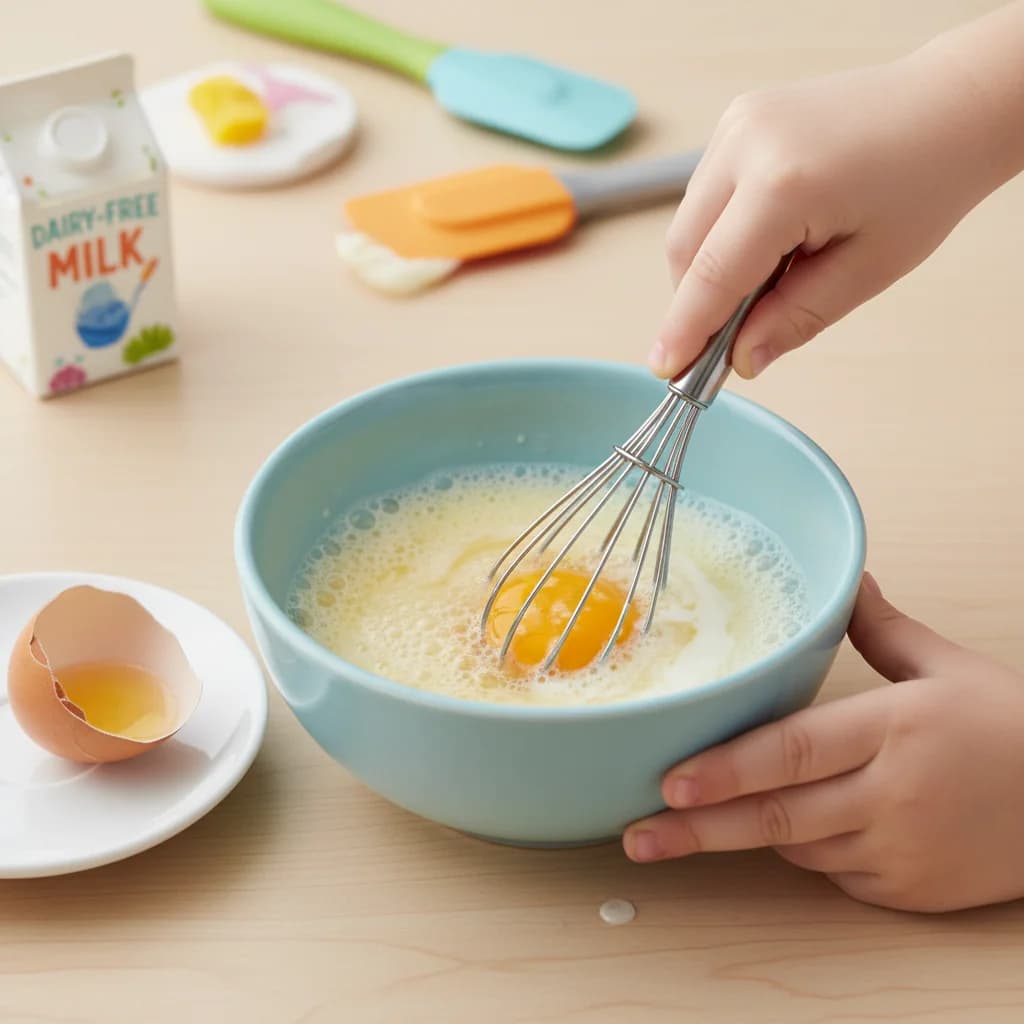 Step 3: In a small bowl, crack the egg and whisk it well with the milk (or dairy-free alternative) until lig for Rainbow Veggie Omelet Bites