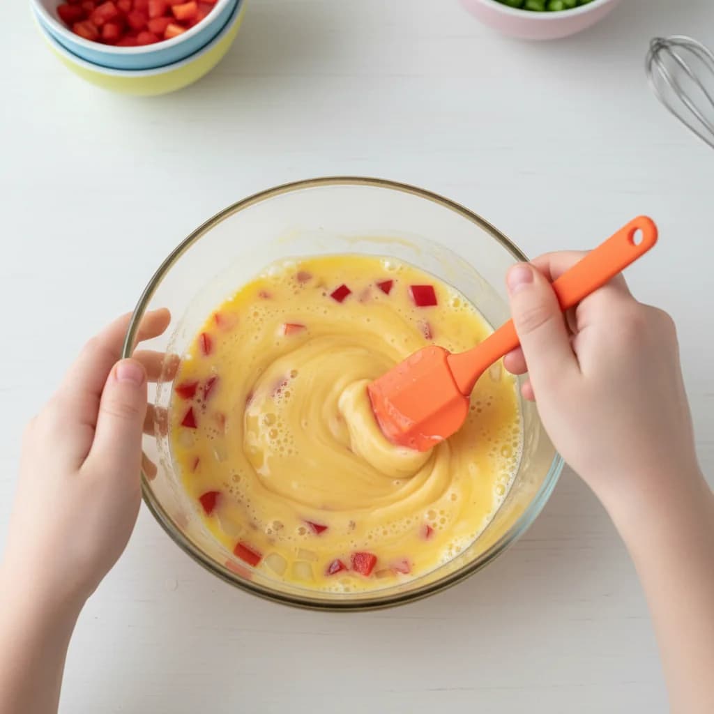 Step 4: Add the finely chopped red bell pepper, tomato, and onion (if using) to the egg mixture. Stir gently for Rainbow Veggie Omelet Bites