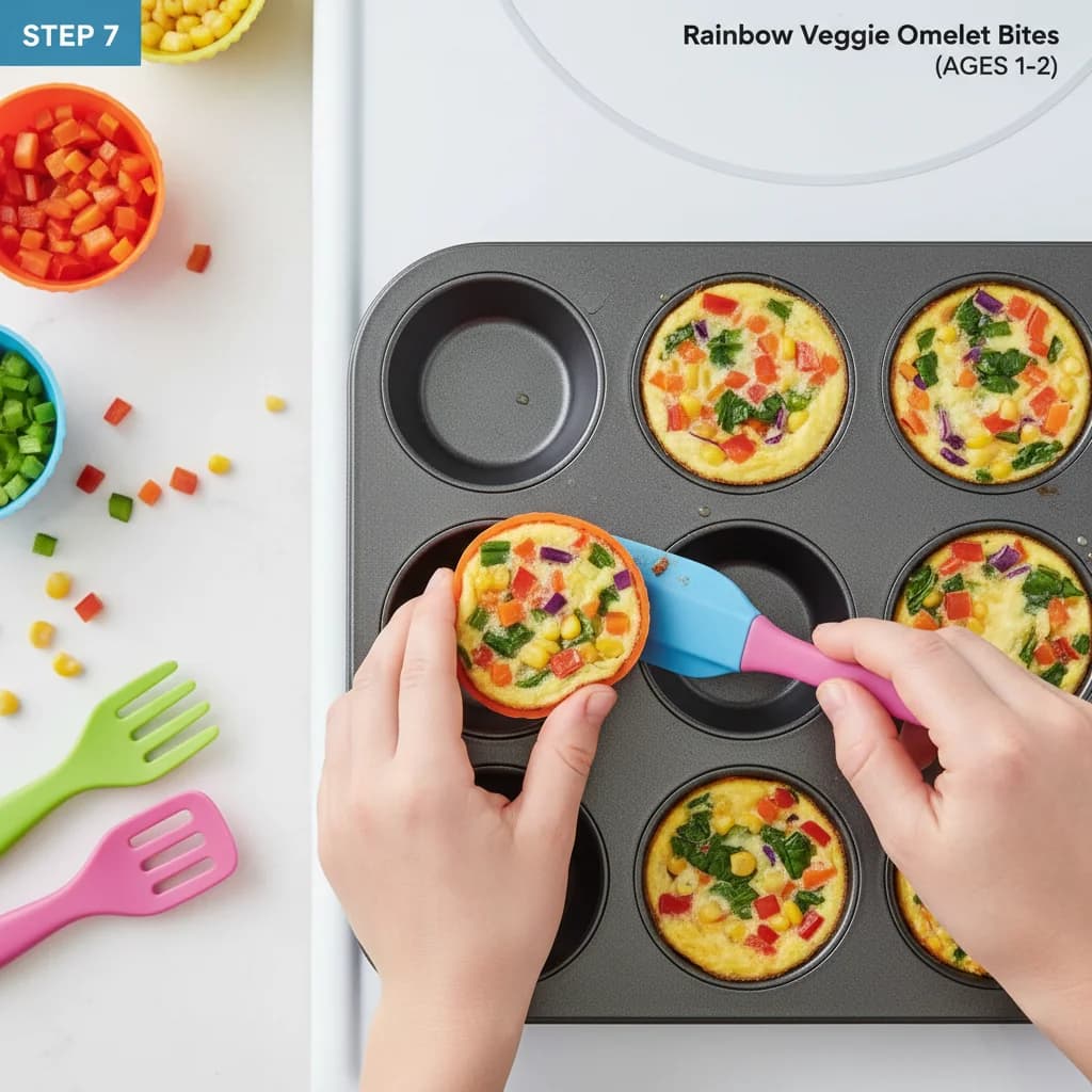 Step 7: Cook the omelet for about 1-2 minutes, or until the bottom is set and the top is mostly set but stil for Rainbow Veggie Omelet Bites