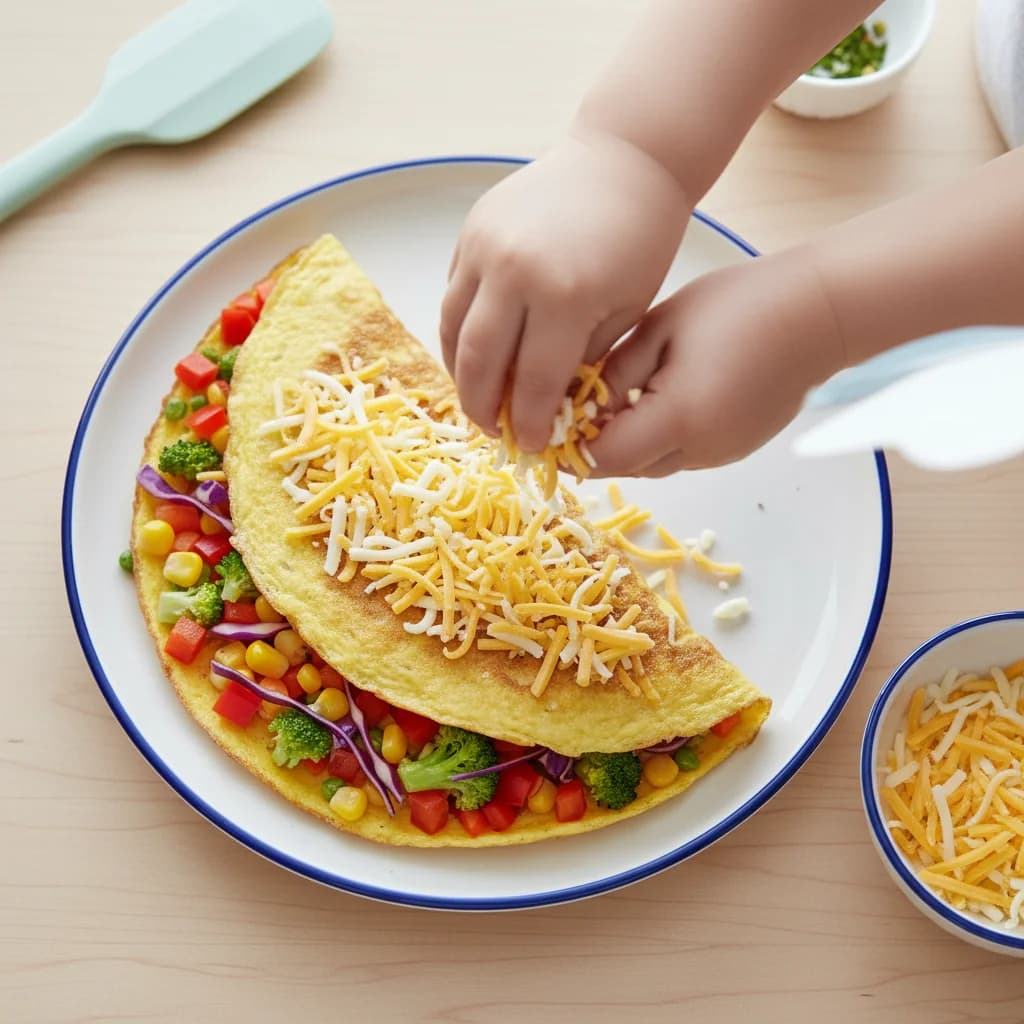 Step 8: If using cheese, sprinkle the shredded cheese evenly over one half of the omelet. for Rainbow Veggie Omelet Bites