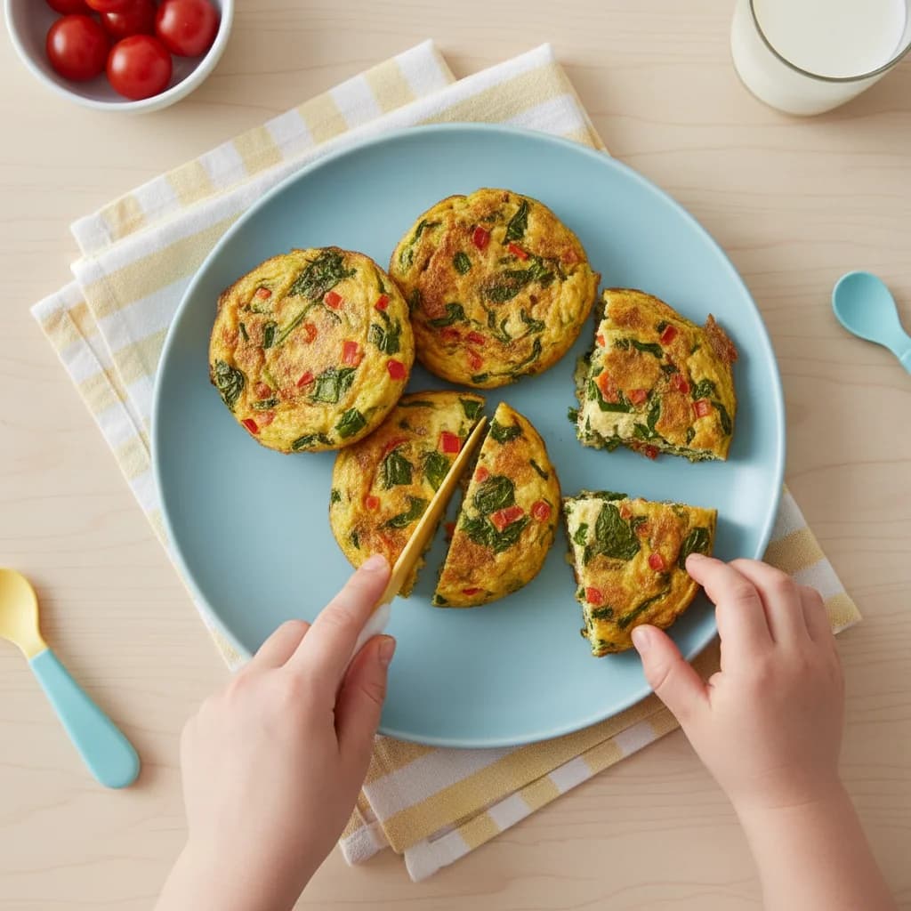 Step 15: Serve warm. Cut each mini muffin into halves or quarters for easier eating, depending on your toddle for Egg & Veggie Bites (Mini Frittatas)
