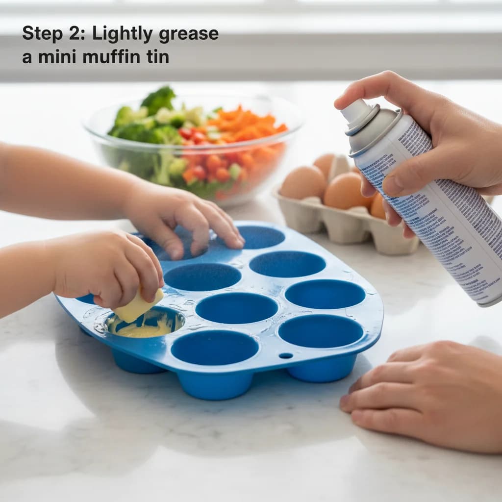 Step 2: Lightly grease a mini muffin tin with cooking spray or butter. Alternatively, use silicone muffin cu for Egg & Veggie Bites (Mini Frittatas)