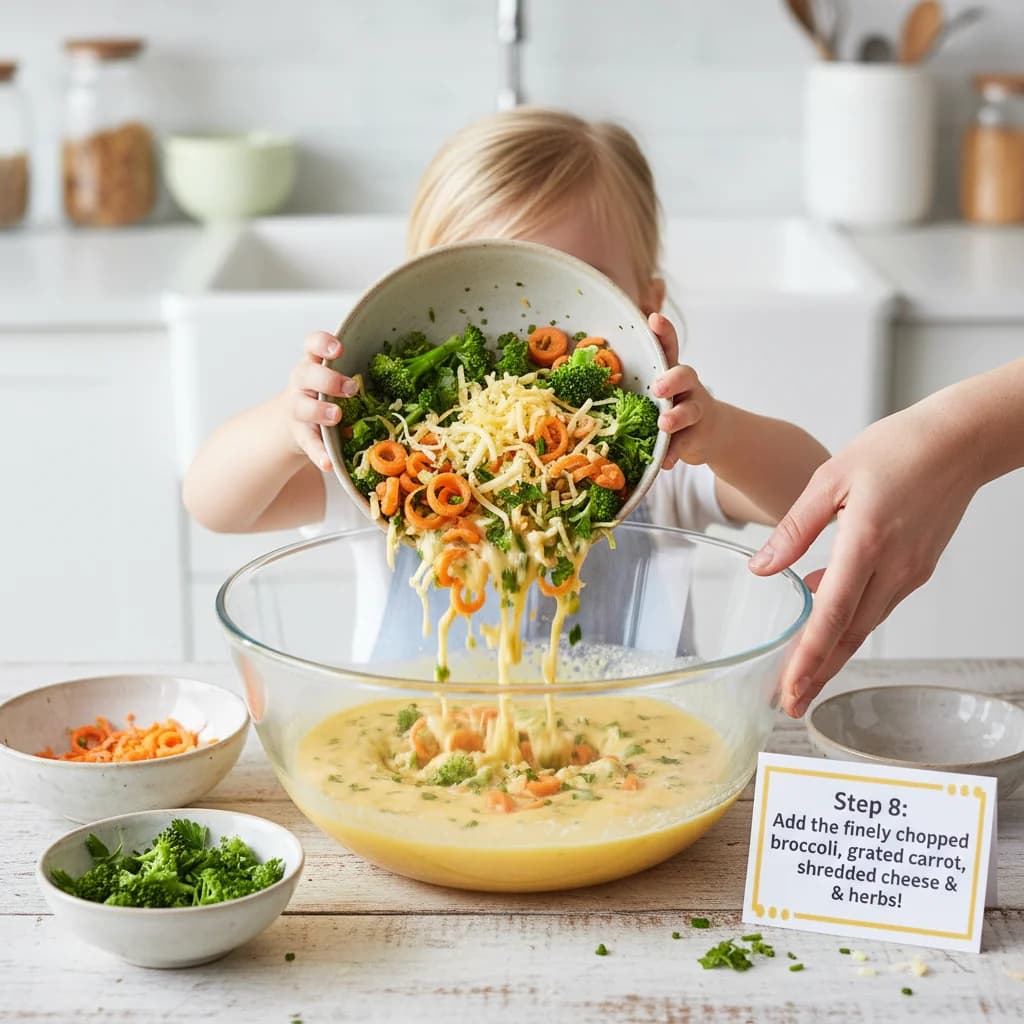 Step 8: Add the finely chopped broccoli, grated carrot, shredded cheese, and herbs (if using) to the egg mix for Egg & Veggie Bites (Mini Frittatas)