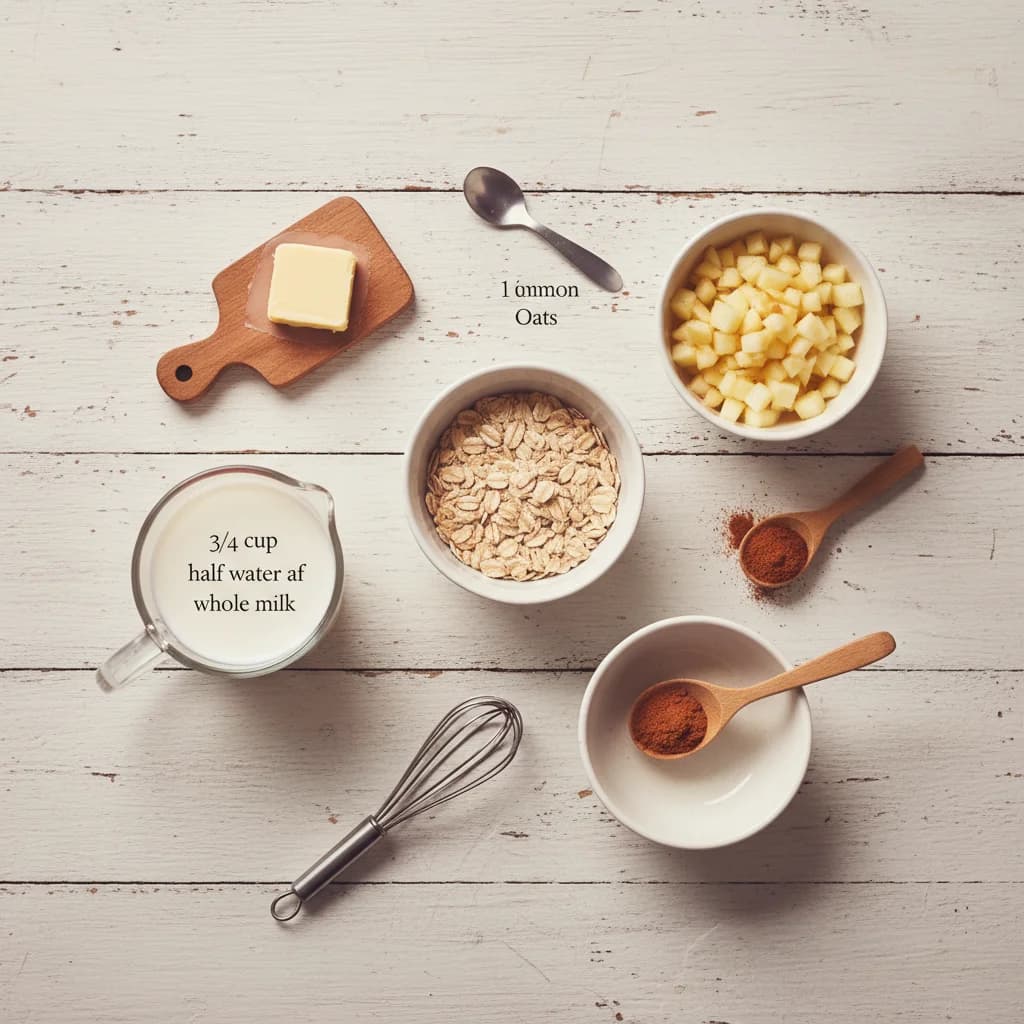 All ingredients needed for Apple Cinnamon Cozy Oats arranged on a clean surface